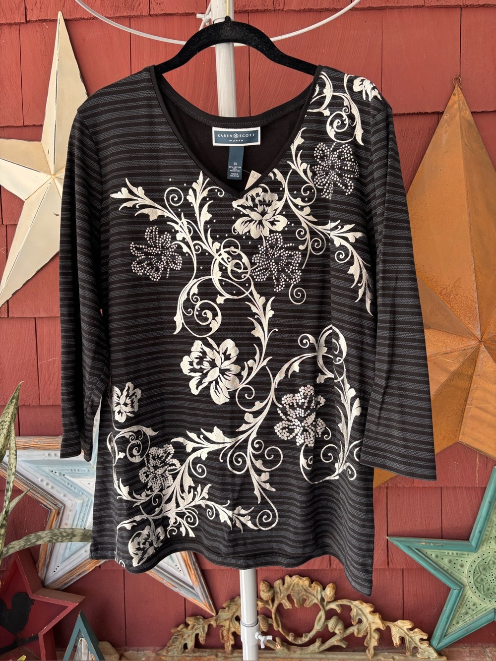 NWT Y2K Karen Scott Black Silver Floral Tunic 3/4 Sleeve Top Womens Plus Size 1X